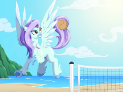 Size: 1600x1200 | Tagged: safe, artist:willoillo, oc, oc:ocean breeze, oc:ocean breeze (savygriffs), classical hippogriff, hippogriff, beach volleyball, commission, hippogriff oc, mount aris, tropical