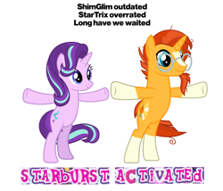 Size: 4677x4011 | Tagged: safe, artist:mrvector, starlight glimmer, sunburst, pony, unicorn, g4, bipedal, female, glasses, male, mare, meme, op is a duck, rhyme, ship:starburst, shipping, shitposting, simple background, stallion, standing on two hooves, straight, t pose, white background, wow! glimmer