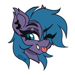 Size: 2000x2000 | Tagged: safe, artist:sickly-sour, oc, oc only, oc:belfry towers, bat pony, pony, bat pony oc, bust, ear piercing, earring, eye clipping through hair, eyebrows, eyebrows visible through hair, fangs, high res, jewelry, one eye closed, piercing, portrait, simple background, solo, white background, wink