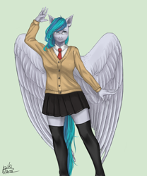 Size: 3000x3600 | Tagged: safe, artist:pikinas13, oc, oc:vinyl dask, pegasus, anthro, clothes, female, glasses, green background, high res, multiple variants, school uniform, schoolgirl, simple background, skirt, solo, stockings, thigh highs, wings