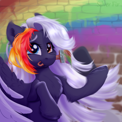 Size: 3000x3000 | Tagged: safe, artist:silverfir, oc, oc only, pegasus, pony, brick wall, chest fluff, ear fluff, flowing mane, fluffy, heterochromia, high res, hoof fluff, hooves, long mane, looking at you, paint, paintbrush, painting, raised hoof, smiling, smiling at you, solo, spread wings, unshorn fetlocks, wings