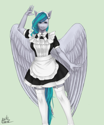 Size: 3000x3600 | Tagged: safe, alternate version, artist:pikinas13, oc, oc:vinyl dask, pegasus, anthro, clothes, female, green background, high res, maid, maid headdress, mare, multiple variants, simple background, solo, stockings, thigh highs, uniform