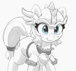 Size: 1740x1635 | Tagged: safe, artist:pabbley, sun cross, pony, unicorn, g4, armor, cute, female, grayscale, guardsmare, helmet, mare, mighty helm, monochrome, partial color, pauldron, royal guard, simple background, smiling, solo, white background