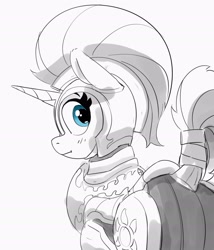 Size: 1794x2095 | Tagged: safe, artist:pabbley, silver sable, pony, unicorn, g4, armor, blushing, butt, dock, female, grayscale, guardsmare, knight, looking at you, looking back, looking back at you, mare, monochrome, partial color, plot, royal guard, simple background, solo, tail, unicorn royal guard, white background