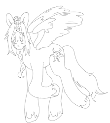 Size: 925x1038 | Tagged: safe, artist:maggot, oc, oc only, alicorn, pony, alicorn oc, black and white, grayscale, horn, looking at you, monochrome, open mouth, raised hoof, raised leg, simple background, solo, spread wings, unshorn fetlocks, white background, wings