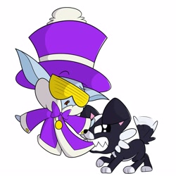 Size: 4000x4000 | Tagged: safe, artist:mrneo, cap (tfh), dog, winter sprite, them's fightin' herds, biting, community related, duo, eyebrows, hat, open mouth, puppy, raised eyebrow, simple background, tail, tail wag, top hat, white background