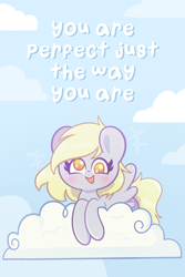 Size: 1200x1800 | Tagged: safe, artist:support-ponies, artist:typhwosion, derpy hooves, pegasus, pony, g4, cloud, cute, derpabetes, female, looking at you, mare, on a cloud, positive message, positive ponies, sky, smiling, smiling at you, solo, talking to viewer, text