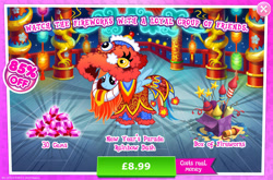 Size: 1956x1292 | Tagged: safe, gameloft, rainbow dash, pegasus, pony, g4, my little pony: magic princess, advertisement, clothes, costs real money, costume, english, female, fireworks, gem, introduction card, lunar new year, mare, mobile game, numbers, sale, solo, spread wings, text, wings