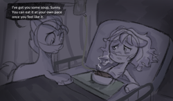Size: 1195x697 | Tagged: safe, anonymous artist, hitch trailblazer, sunny starscout, earth pony, pony, series:anorexic sunny, g5, anorexia, anorexic, bed, emaciated, food, hospital bed, skinny, soup, starvation, thin