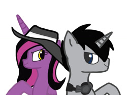 Size: 1024x768 | Tagged: safe, artist:discord73, oc, oc only, oc:reverb, oc:showtime, alicorn, pony, unicorn, alicorn oc, duo, duo male and female, female, hat, horn, looking at each other, looking at someone, male, mare, request, simple background, unicorn oc, white background, wings