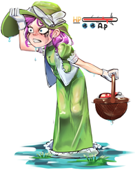 Size: 2048x2610 | Tagged: safe, artist:applephil, diamond tiara, human, g4, basket, clothes, dress, eyeshadow, female, gloves, hat, high res, humanized, life bar, makeup, poké ball, pokémon, puddle, running makeup, simple background, solo, sun hat, wet, wet clothes, white background