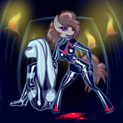 Size: 1500x1500 | Tagged: safe, artist:c91industries, oc, oc only, oc:latch, earth pony, rabbit, undead, vampire, vampony, anthro, digitigrade anthro, unguligrade anthro, animal, bedroom eyes, blood, bondage, duo, earth pony oc, encasement, female, latex, latex suit, lyminal, makeup, sitting, story in the source, transformation