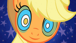 Size: 622x350 | Tagged: safe, artist:movieliker236, edit, edited screencap, screencap, applejack, earth pony, pony, g4, the return of harmony, abstract background, blue background, creepy, female, hypno eyes, hypnojack, hypnosis, hypnotized, inverted mouth, kaa eyes, looking at you, mare, simple background, smiling, smiling at you, solo, staring into your soul, stars