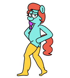 Size: 1275x1414 | Tagged: safe, artist:professorventurer, jazz hooves, earth pony, pony, g5, bipedal, clothes, cursed, human legs, legs, simple background, smug, socks, solo, stocking feet, thigh highs, white background, yellow socks