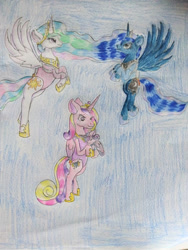 Size: 774x1032 | Tagged: safe, artist:goldheart1, princess cadance, princess celestia, princess flurry heart, princess luna, alicorn, pony, g4, clothes, floating, flying, holding a pony, jetpack, leotard, sky, sky background, sleeping, traditional art