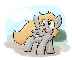 Size: 1256x1052 | Tagged: safe, artist:zutcha, derpy hooves, pony, g4, cute, derpabetes, female, mare, open mouth, open smile, smiling, solo, spread wings, turned head, wings