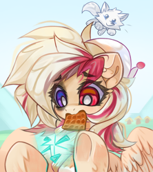 Size: 3643x4096 | Tagged: safe, alternate version, artist:jfrxd, oc, oc only, oc:kyra, cat, pegasus, pony, eye clipping through hair, eyebrows, eyebrows visible through hair, female, food, heterochromia, high res, mare, mouth hold, pegasus oc, smiling, solo, waffle, wings