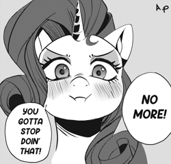 Size: 1914x1829 | Tagged: safe, artist:applephil, rarity, pony, unicorn, black and white, blushing, bust, dialogue, female, frown, grayscale, looking at you, manga, mare, monochrome, ponified, ponified manga, puffy cheeks, solo, speech bubble
