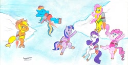 Size: 1011x519 | Tagged: safe, artist:fernancho20, applejack, fluttershy, pinkie pie, rainbow dash, rarity, twilight sparkle, earth pony, pegasus, pony, unicorn, g4, clothes, cloud, eyes closed, floating, flying, grin, happy, jetpack, leotard, mane six, open mouth, sky, sky background, smiling, traditional art, unicorn twilight