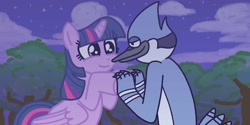 Size: 2048x1024 | Tagged: safe, artist:loser mangaka, twilight sparkle, alicorn, bird, blue jay, pony, g4, cloud, cloudy, crossover, crossover shipping, cute, duo, female, folded wings, forest, holding hooves, looking at each other, looking at someone, male, mare, mordecai, mordetwi, night, night sky, rearing, regular show, shipping, sky, smiling, sparkly eyes, straight, tail, tail feathers, twiabetes, twilight sparkle (alicorn), wingding eyes, wings