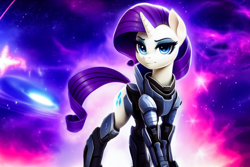 Size: 2304x1536 | Tagged: safe, ai assisted, ai content, generator:pony soup v1, generator:stable diffusion, prompter:siber, rarity, pony, unicorn, g4, armor, looking at you, mass effect, nebula, power armor, solo, space