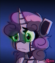 Size: 700x800 | Tagged: safe, artist:provolonepone, sweetie belle, pony, robot, robot pony, unicorn, g4, glowing, glowing eyes, solo, sweetie bot