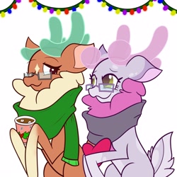 Size: 4000x4000 | Tagged: safe, artist:mrneo, cashmere (tfh), oc, oc:mohair, deer, reindeer, them's fightin' herds, chocolate, christmas, clothes, community related, food, glasses, holiday, hot chocolate, marshmallow, mocash, scarf, simple background, tfh oc, white background