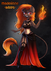 Size: 2150x2951 | Tagged: safe, artist:madelinne, oc, anthro, adoptable, adoptable open, anthro oc, belly button, clothes, dress, fire, high res, leonine tail, red hair, tail