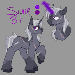 Size: 1000x1000 | Tagged: safe, artist:molars, oc, oc only, oc:silver bit, pony, unicorn, fallout equestria, character design, doodle, long mane, magic, male, purple magic, scar, solo, stallion, unshorn fetlocks