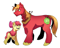 Size: 2822x2286 | Tagged: safe, artist:sunshineradiance, apple bloom, big macintosh, earth pony, pony, g4, brother and sister, cute, female, filly, foal, high res, male, open mouth, raised hoof, sibling bonding, sibling love, siblings, simple background, stallion, white background