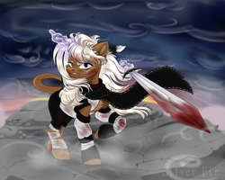 Size: 2000x1600 | Tagged: safe, artist:silverfir, oc, pony, unicorn, angry, bandage, blood, clothes, cloud, facial scar, flowing mane, glowing, glowing horn, grin, horn, leonine tail, looking at you, magic, raised hoof, raised tail, rock, scar, scarf, sky, smiling, solo, sunset, sword, tail, telekinesis, weapon, wind