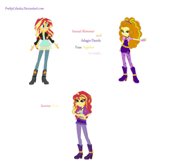 Size: 1426x1380 | Tagged: safe, artist:prettycelestia, adagio dazzle, sunset shimmer, oc, oc:sunrise shine, human, equestria girls, g4, belt buckle, boots, brown eyes, clothes, disguise, disguised siren, eyeshadow, four arms, fusion, fusion:adagio dazzle, fusion:sunsagio, fusion:sunset shimmer, gem, gloves, high heel boots, makeup, multiple arms, shoes, simple background, siren gem, white background