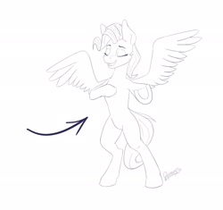 Size: 2178x2048 | Tagged: safe, artist:shpinat9, oc, pegasus, pony, belly, bipedal, concave belly, female, high res, lineart, raised hoof, singing, solo, standing, underhoof