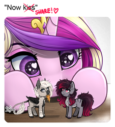 Size: 1084x1200 | Tagged: safe, alternate character, alternate version, artist:lailyren, princess cadance, oc, oc:devilvoice, oc:madelinne, bat pony, earth pony, pony, g4, bat pony oc, commission, cute, cutedance, earth pony oc, food, heart, heart eyes, holiday, looking at each other, looking at someone, meme, now kiss, pizza, shipper on deck, valentine's day, wingding eyes, ych result