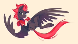 Size: 2048x1152 | Tagged: safe, artist:imalou, oc, oc only, oc:cinder blaze, pegasus, pony, clothes, collar, ear piercing, female, flying, hoodie, looking at you, piercing, smiling, solo, spread wings, wings