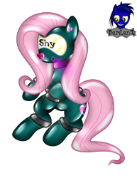 Size: 2806x3631 | Tagged: safe, alternate version, artist:damlanil, fluttershy, latex pony, original species, pegasus, pony, g4, alternate color palette, bdsm, bondage, bound wings, close-up, clothes, collar, cuffs, encasement, female, gas mask, heart, high res, hypnogear, latex, living latex, mare, mask, mind control, restrained, rubber, rubber drone, rubber suit, shiny, shiny mane, show accurate, simple background, sitting, solo, story, story included, transformation, transparent background, vector, visor, wings