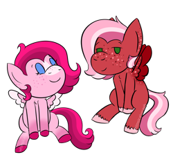 Size: 2200x2000 | Tagged: safe, artist:whimsicalseraph, oc, oc only, oc:raspberry sorbet, oc:strawberry syrup, pegasus, pony, chibi, colored wings, duo, duo female, female, high res, missing cutie mark, pegasus oc, simple background, sitting, spread wings, transparent background, unshorn fetlocks, wings