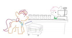 Size: 1500x800 | Tagged: safe, artist:attila, sunny starscout, earth pony, pony, g5, apron, bag, cash register, cashier, clothes, female, fluttershy's cutie mark, in-universe pegasister, jar, let it sink in, mare, rainbow dash's cutie mark, saddle bag, sash, shopping, shopping cart, twilight sparkle's cutie mark, when you see it