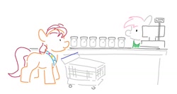 Size: 1500x800 | Tagged: safe, artist:attila, sunny starscout, earth pony, pony, g5, apron, bag, cash register, cashier, clothes, female, fluttershy's cutie mark, in-universe pegasister, jar, let it sink in, mare, rainbow dash's cutie mark, saddle bag, sash, shopping, shopping cart, the implications are horrible, twilight sparkle's cutie mark, when you see it