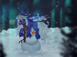 Size: 1280x946 | Tagged: safe, artist:macyw, oc, oc only, bat pony, undead, vampire, 2023, blue mane, bucket, carrot, clothes, cute, fangs, food, forest, fur, gift art, happy new year, holiday, male, night, scarf, secret santa, shading, smiling, snow, snowfall, snowman, solo, striped scarf, wings, winter