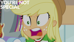 Size: 1920x1080 | Tagged: safe, edit, edited screencap, editor:quoterific, screencap, applejack, human, equestria girls, equestria girls series, g4, rollercoaster of friendship, angry, applejack is not amused, applejack's hat, applejerk, cowboy hat, female, freckles, hat, implied rarity, open mouth, solo, unamused, yelling