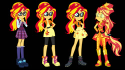 Size: 960x540 | Tagged: safe, artist:ajosterio, artist:amadondawn, sunset shimmer, human, equestria girls, g4, black background, boots, clothes, crystal guardian, crystal prep academy uniform, cute, cutie mark on clothes, dork, female, glasses, goggles, hairpin, high heel boots, human sunset, necktie, ponied up, pony ears, ponytail, school uniform, shimmerbetes, shoes, simple background, skirt, solo