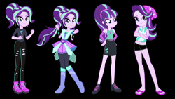 Size: 960x540 | Tagged: safe, artist:ajosterio, artist:amadondawn, starlight glimmer, human, equestria girls, g4, beanie, black background, boots, clothes, crossed arms, crystal guardian, cutie mark on clothes, eyeshadow, female, hand on hip, hat, human starlight, makeup, pants, ponied up, ponytail, ripped pants, s5 starlight, shirt, shoes, simple background, solo, torn clothes