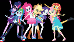 Size: 1183x676 | Tagged: safe, artist:birulxmen, applejack, fluttershy, pinkie pie, rainbow dash, rarity, sci-twi, sunset shimmer, twilight sparkle, human, equestria girls, g4, belt, black background, boots, clothes, cutie mark on clothes, eyeshadow, fluttershy boho dress, geode of empathy, geode of fauna, geode of shielding, geode of sugar bombs, geode of super speed, geode of super strength, geode of telekinesis, glasses, hairband, high heels, hoodie, humane five, humane seven, humane six, looking at you, magical geodes, makeup, necklace, open-toed shoes, pants, pantyhose, pencil skirt, pendant, polo shirt, rah rah skirt, rarity peplum dress, shoes, simple background, skirt, sleeveless, smiling, smiling at you, sneakers, sweatpants, tank top, vest, wristband