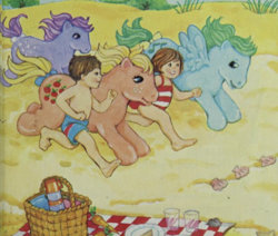Size: 930x788 | Tagged: safe, applejack (g1), blossom, medley, earth pony, human, pegasus, pony, g1, my little pony and the new friends, basket, beach, child, children, clothes, kids, picnic, picnic basket, picnic blanket, playing, running, seashell, swimsuit