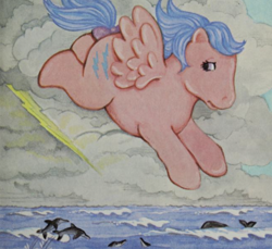 Size: 936x858 | Tagged: safe, firefly, dolphin, pegasus, pony, whale, g1, my little pony and the new friends, cloud, flying, lightning, ocean, scared, solo, storm, water, worried