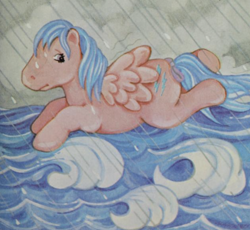 Size: 930x854 | Tagged: safe, pegasus, pony, g1, my little pony and the new friends, cloud, ocean, rain, scared, solo, storm, swimming, water, wave, wet, wet mane, wet mane firefly, worried