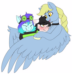 Size: 3393x3453 | Tagged: safe, artist:neoncel, oc, oc only, oc:raven mcchippy, oc:sindra, oc:windswept skies, earth pony, pegasus, pony, blushing, collar, goggles, high res, hug, simple background, white background, winghug, wings