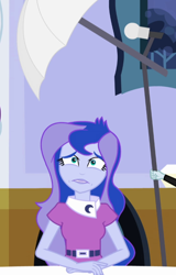 Size: 460x720 | Tagged: safe, screencap, princess luna, vice principal luna, human, equestria girls, g4, camera shy, cropped, female, imminent picture-taking, lipstick, offscreen character, oh crap, oh crap face, shy, solo focus, sudden realization, this will not end well
