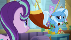 Size: 1920x1080 | Tagged: safe, screencap, starlight glimmer, trixie, pony, unicorn, a horse shoe-in, g4, season 9, 1080p, cute, diatrixes, duo, duo female, female, glimmerbetes, looking at each other, looking at someone, mare, poor trixie, sad, sadorable, trixie's wagon, wagon